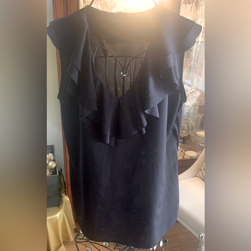 Navy Blue Sleeveless Ruffle Collar and V-Neck Banana Republic Blouse Sz S